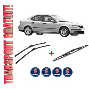 Set 3 stergatoare SAAB 9-3 (YS3F, E79, D79, D75) din 2002 - 2015, pentru parbriz si luneta fata si spate auto, Bosch Twin, din cauciuc siliconat rezistent, 4 Stickere Auto SAAB