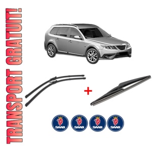 Set 3 stergatoare SAAB 9-3X (YS3) din 2009 - 2015, pentru parbriz si luneta fata si spate auto, Valeo Silencio, din cauciuc siliconat rezistent, 4 Stickere Auto SAAB