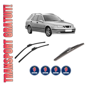 Set 3 stergatoare SAAB 9-5 Estate (YS3E) din 1998-2009, pentru parbriz si luneta fata si spate auto, Bosch Twin-Aerotwin, din cauciuc siliconat rezistent, 4 Stickere Auto SAAB