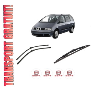 Set 3 stergatoare SEAT ALHAMBRA (7V8, 7V9) din 1996-2010, pentru parbriz si luneta fata si spate auto, Bosch Twin-Aerotwin, din cauciuc siliconat rezistent, 4 Stickere Auto SEAT