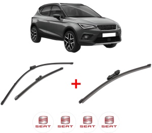 Set 3 stergatoare SEAT ARONA (KJ7, KJP) din 2017, pentru parbriz si luneta fata si spate auto, Valeo Silencio Xtrm, din cauciuc siliconat rezistent, 4 Stickere Auto SEAT v14134