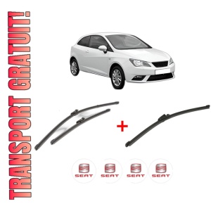 Set 3 stergatoare SEAT IBIZA IV SC (6J1, 6P5) din 2008 - 2016, pentru parbriz si luneta fata si spate auto, Valeo Silencio Xtrm, din cauciuc siliconat rezistent, 4 Stickere Auto SEAT