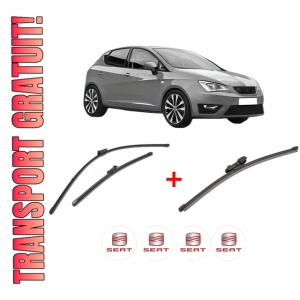 Set 3 stergatoare SEAT IBIZA V (KJ1, KJG) din 2017, pentru parbriz si luneta fata si spate auto, Valeo Silencio Xtrm, din cauciuc siliconat rezistent, 4 Stickere Auto SEAT