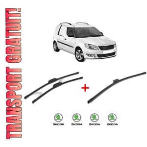 Set 3 stergatoare SKODA FABIA I Praktik (6Y5) din 2000 - 2007, pentru parbriz si luneta fata si spate auto, Bosch Aerotwin, din cauciuc siliconat rezistent, 4 Stickere Auto SKODA