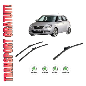Set 3 stergatoare SKODA FABIA II (542) din 2006-2014, pentru parbriz si luneta fata si spate auto, Bosch Aerotwin-Aerotwin, din cauciuc siliconat rezistent, 4 Stickere Auto SKODA