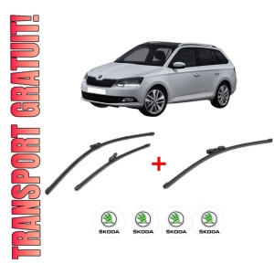 Set 3 stergatoare SKODA FABIA III Estate (NJ5) din 2014 - 2022, pentru parbriz si luneta fata si spate auto, Valeo Silencio Xtrm, din cauciuc siliconat rezistent, 4 Stickere Auto SKODA