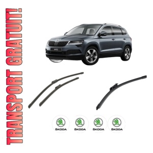 Set 3 stergatoare SKODA KAROQ (NU7, ND7) din 2017-2020, pentru parbriz si luneta fata si spate auto, Bosch Aerotwin-Aerotwin, din cauciuc siliconat rezistent, 4 Stickere Auto SKODA