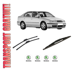 Set 3 stergatoare SKODA Octavia I (1U2) din 1996-2010, pentru parbriz si luneta fata si spate auto, Bosch Twin-Aerotwin Retrofit, din cauciuc siliconat rezistent, 4 Stickere Auto SKODA
