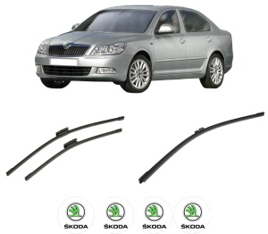 Set 3 stergatoare SKODA Octavia II (1Z3) din 2004-2013, pentru parbriz si luneta fata si spate auto, Bosch Aerotwin-Aerotwin Multi, din cauciuc siliconat rezistent, 4 Stickere Auto SKODA - Img 2