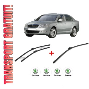 Set 3 stergatoare SKODA Octavia II (1Z3) din 2004 - 2013, pentru parbriz si luneta fata si spate auto, Bosch Aerotwin, din cauciuc siliconat rezistent, 4 Stickere Auto SKODA