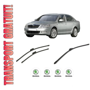 Set 3 stergatoare SKODA Octavia II (1Z3) din 2004-2013, pentru parbriz si luneta fata si spate auto, Bosch Aerotwin-Aerotwin Multi, din cauciuc siliconat rezistent, 4 Stickere Auto SKODA