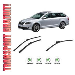Set 3 stergatoare SKODA Octavia III Combi (5E5, 5E6) din 2012-2020, pentru parbriz si luneta fata si spate auto, Bosch Aerotwin-Aerotwin, din cauciuc siliconat rezistent, 4 Stickere Auto SKODA