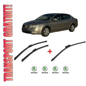 Set 3 stergatoare SKODA SUPERB II Estate (3T5) din 2009 - 2015, pentru parbriz si luneta fata si spate auto, Bosch Aerotwin, din cauciuc siliconat rezistent, 4 Stickere Auto SKODA