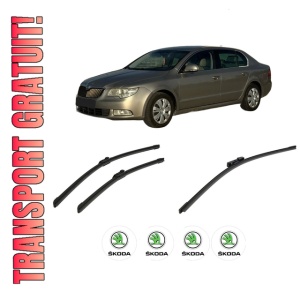 Set 3 stergatoare SKODA SUPERB II Estate (3T5) din 2009-2015, pentru parbriz si luneta fata si spate auto, Bosch Aerotwin-Aerotwin, din cauciuc siliconat rezistent, 4 Stickere Auto SKODA