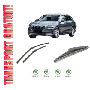 Set 3 stergatoare SKODA SUPERB IV Estate (NZ5) din 2023-2024, pentru parbriz si luneta fata si spate auto, Bosch Twin-Aerotwin, din cauciuc siliconat rezistent, 4 Stickere Auto SKODA