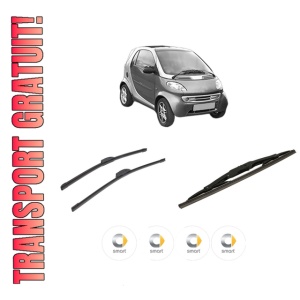 Set 3 stergatoare SMART FORTWO Coupe (450) din 2004-2007, pentru parbriz si luneta fata si spate auto, Bosch Twin-Aerotwin Retrofit, din cauciuc siliconat rezistent, 4 Stickere Auto SMART