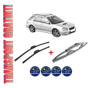 Set 3 stergatoare SUBARU IMPREZA Estate (GG) din 2000 - 2008, pentru parbriz si luneta fata si spate auto, Bosch Twin, din cauciuc siliconat rezistent, 4 Stickere Auto SUBARU