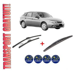 Set 3 stergatoare SUBARU IMPREZA Hatchback (GR, GH, G3) din 2007 - 2013, pentru parbriz si luneta fata si spate auto, Bosch Twin, din cauciuc siliconat rezistent, 4 Stickere Auto SUBARU