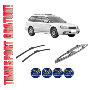 Set 3 stergatoare SUBARU LEGACY III Estate (BH) din 1998-2003, pentru parbriz si luneta fata si spate auto, Bosch Twin-Aerotwin Retrofit, din cauciuc siliconat rezistent, 4 Stickere Auto SUBARU