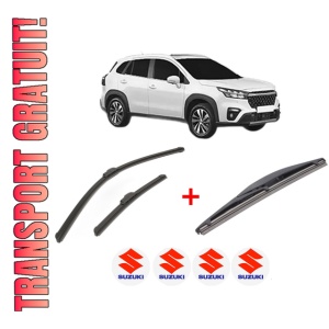 Set 3 stergatoare SUZUKI S-CROSS din 2013 - 2022, pentru parbriz si luneta fata si spate auto, Bosch Twin, din cauciuc siliconat rezistent, 4 Stickere Auto SUZUKI