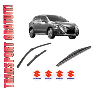 Set 3 stergatoare SUZUKI SX4 S-CROSS (JY) din 2013-2022, pentru parbriz si luneta fata si spate auto, Bosch Twin-Aerotwin Retrofit, din cauciuc siliconat rezistent, 4 Stickere Auto SUZUKI
