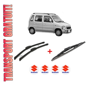 Set 3 stergatoare SUZUKI WAGON R+ Hatchback (EM) din 1998 - 2000, pentru parbriz si luneta fata si spate auto, Bosch Twin, din cauciuc siliconat rezistent, 4 Stickere Auto SUZUKI