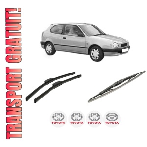 Set 3 stergatoare TOYOTA COROLLA Compact (_E11_) din 1997-2002, pentru parbriz si luneta fata si spate auto, Bosch Twin-Aerotwin Retrofit, din cauciuc siliconat rezistent, 4 Stickere Auto TOYOTA