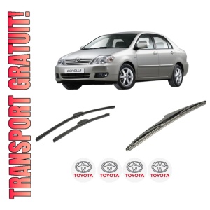 Set 3 stergatoare TOYOTA COROLLA Saloon (_E12_) din 2001-2008, pentru parbriz si luneta fata si spate auto, Bosch Twin-Aerotwin Retrofit, din cauciuc siliconat rezistent, 4 Stickere Auto TOYOTA