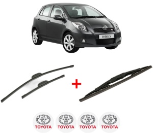 Set 3 stergatoare TOYOTA YARIS (_P9_) din 2005 - 2014, pentru parbriz si luneta fata si spate auto, Bosch Twin, din cauciuc siliconat rezistent, 4 Stickere Auto TOYOTA v9935