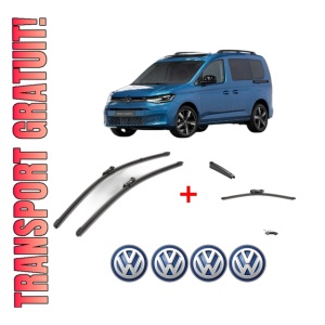 Set 3 stergatoare Volkswagen CADDY V Box Body/MPV (SBA, SBH) din 2020 - 2024, pentru parbriz si luneta fata si spate auto, Valeo Silencio, din cauciuc siliconat rezistent, 4 Stickere Auto VW