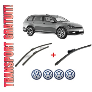 Set 3 stergatoare Volkswagen GOLF ALLTRACK VII Variant (BA5, BV5) din 2014 - 2020, pentru parbriz si luneta fata si spate auto, Bosch Aerotwin, din cauciuc siliconat rezistent, 4 Stickere Auto VW
