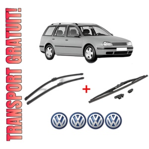 Set 3 stergatoare Volkswagen GOLF IV Variant (1J5) din 1999 - 2006, pentru parbriz si luneta fata si spate auto, Valeo Silencio, din cauciuc siliconat rezistent, 4 Stickere Auto VW