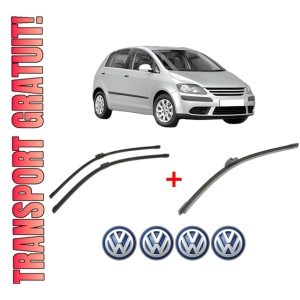 Set 3 stergatoare Volkswagen GOLF PLUS V (5M1, 521) din 2004 - 2013, pentru parbriz si luneta fata si spate auto, Bosch Aerotwin, din cauciuc siliconat rezistent, 4 Stickere Auto VW