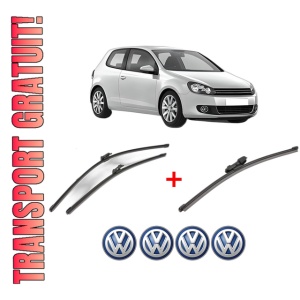 Set 3 stergatoare Volkswagen GOLF VI (5K1) din 2008 - 2013, pentru parbriz si luneta fata si spate auto, Valeo Silencio Xtrm, din cauciuc siliconat rezistent, 4 Stickere Auto VW