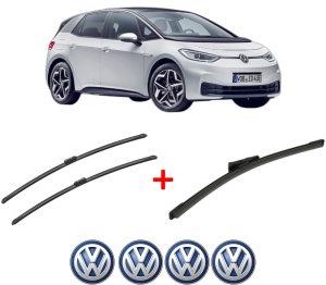 Set 3 stergatoare Volkswagen ID.3 (E11, E12) din 2019 - 2023, pentru parbriz si luneta fata si spate auto, Bosch Aerotwin, din cauciuc siliconat rezistent, 4 Stickere Auto VW v2855