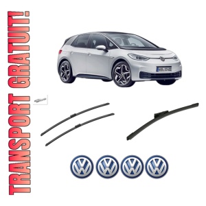 Set 3 stergatoare Volkswagen ID.3 (E11, E12) din 2019-2024, pentru parbriz si luneta fata si spate auto, Bosch Aerotwin-Aerotwin, din cauciuc siliconat rezistent, 4 Stickere Auto Volkswagen