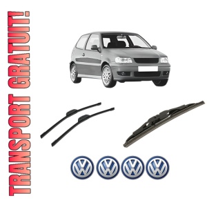 Set 3 stergatoare Volkswagen POLO (6N2) din 1999-2001, pentru parbriz si luneta fata si spate auto, Bosch Twin-Aerotwin Retrofit, din cauciuc siliconat rezistent, 4 Stickere Auto Volkswagen