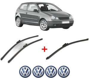 Set 3 stergatoare Volkswagen POLO IV (9N_, 9A_) din 2001 - 2009, pentru parbriz si luneta fata si spate auto, Valeo Silencio Xtrm, din cauciuc siliconat rezistent, 4 Stickere Auto VW v14974