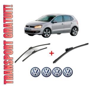 Set 3 stergatoare Volkswagen POLO Van V (6R1, 6C1) din 2009 - 2017, pentru parbriz si luneta fata si spate auto, Bosch Aerotwin, din cauciuc siliconat rezistent, 4 Stickere Auto VW