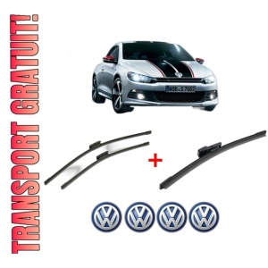 Set 3 stergatoare Volkswagen SCIROCCO Van (137) din 2009 - 2014, pentru parbriz si luneta fata si spate auto, Bosch Aerotwin, din cauciuc siliconat rezistent, 4 Stickere Auto VW