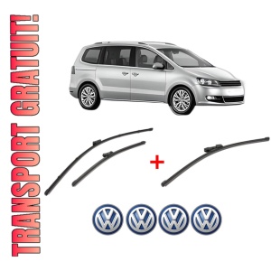 Set 3 stergatoare Volkswagen SHARAN (7N1, 7N2) din 2010 - 2022, pentru parbriz si luneta fata si spate auto, Valeo Silencio Xtrm, din cauciuc siliconat rezistent, 4 Stickere Auto VW