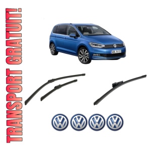 Set 3 stergatoare Volkswagen TOURAN (5T1) din 2015-2022, pentru parbriz si luneta fata si spate auto, Bosch Aerotwin-Aerotwin, din cauciuc siliconat rezistent, 4 Stickere Auto Volkswagen