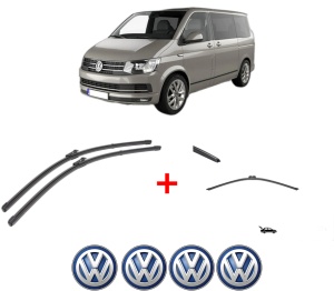 Set 3 stergatoare Volkswagen TRANSPORTER T5 Bus (7HB, 7HJ, 7EB, 7EJ) din 2003 - 2015, pentru parbriz si luneta fata si spate auto, Valeo Silencio, din cauciuc siliconat rezistent, 4 Stickere Auto VW v12209