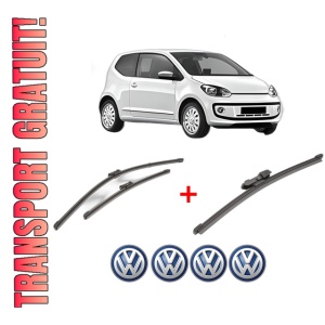 Set 3 stergatoare Volkswagen UP! (121, 122, BL1, BL2, BL3, 123) din 2011 - 2023, pentru parbriz si luneta fata si spate auto, Valeo Silencio Xtrm, din cauciuc siliconat rezistent, 4 Stickere Auto VW