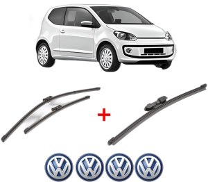 Set 3 stergatoare Volkswagen UP! (121, 122, BL1, BL2, BL3, 123) din 2011 - 2023, pentru parbriz si luneta fata si spate auto, Valeo Silencio Xtrm, din cauciuc siliconat rezistent, 4 Stickere Auto VW v13294