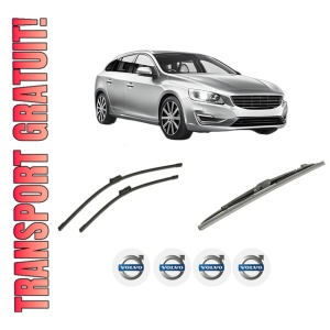Set 3 stergatoare VOLVO V60 I (155) din 2010-2018, pentru parbriz si luneta fata si spate auto, Bosch Twin-Aerotwin, din cauciuc siliconat rezistent, 4 Stickere Auto VOLVO