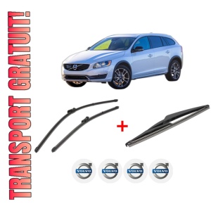 Set 3 stergatoare VOLVO V60 I Cross Country (157) din 2015 - 2018, pentru parbriz si luneta fata si spate auto, Valeo Silencio, din cauciuc siliconat rezistent, 4 Stickere Auto VOLVO