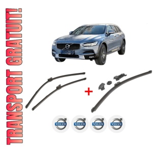 Set 3 stergatoare VOLVO V90 II Cross Country (236) din 2016 - 2021, pentru parbriz si luneta fata si spate auto, Valeo HydroConnect, din cauciuc siliconat rezistent, 4 Stickere Auto VOLVO