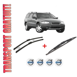 Set 3 stergatoare VOLVO XC70 I Cross Country (295) din 1997 - 2007, pentru parbriz si luneta fata si spate auto, Bosch Twin, din cauciuc siliconat rezistent, 4 Stickere Auto VOLVO