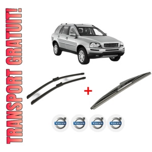 Set 3 stergatoare VOLVO XC90 I (275) din 2002 - 2014, pentru parbriz si luneta fata si spate auto, Bosch Twin, din cauciuc siliconat rezistent, 4 Stickere Auto VOLVO